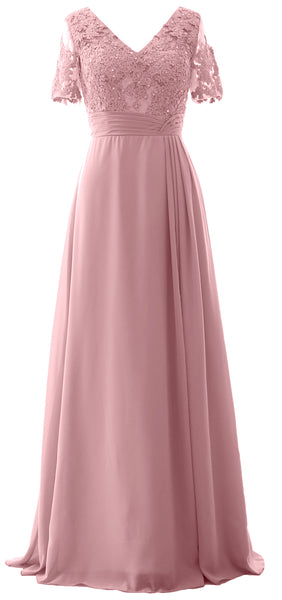 MACloth Women V Neck Long Mother of Bride Dresss Lace Evening Gown Short Sleeves