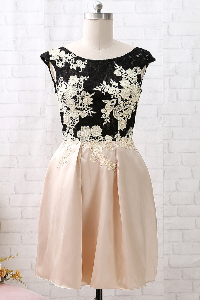 MACloth Cap Sleeves Lace Satin Short Cocktail Dress Champagne Wedding Party Dress