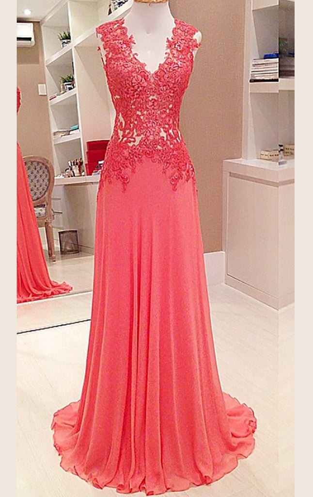 MACloth Träger V-Ausschnitt Spitze Chiffon Langes Ballkleid Formelle Partykleid