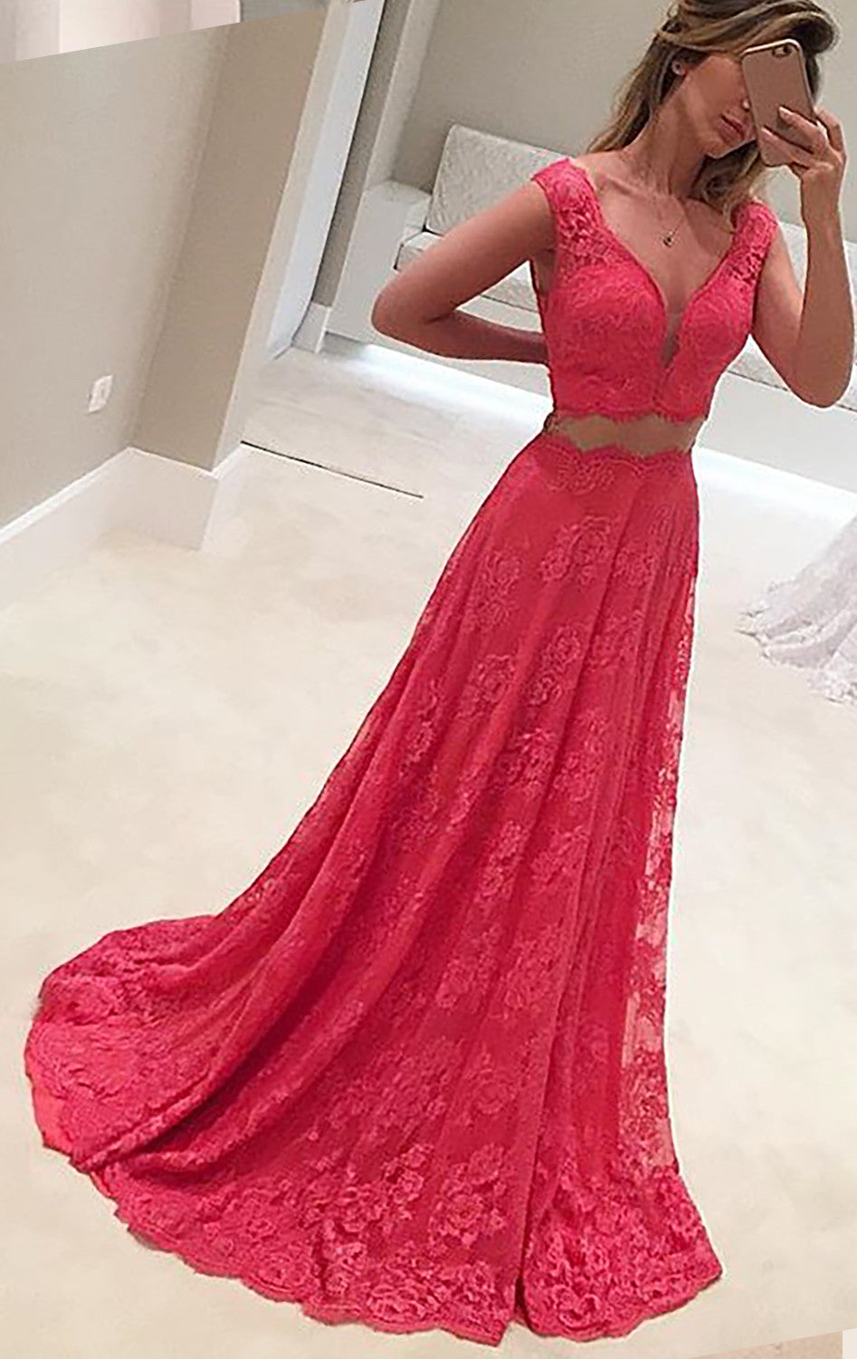 MACloth Two Piece V Neck Lace Long Prom Dress Formal Party Gown