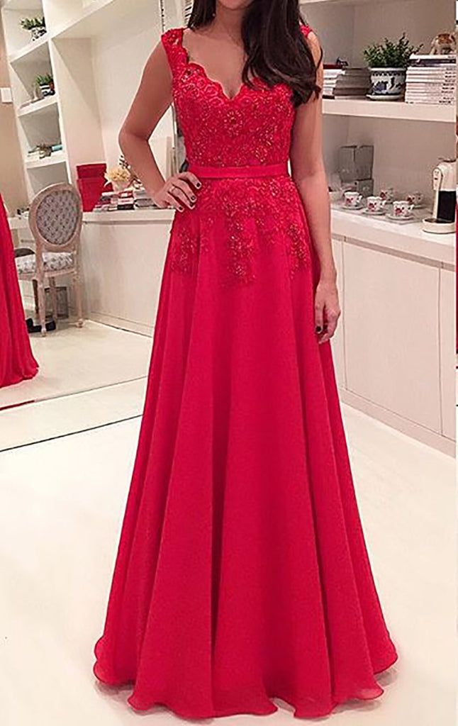 MACloth Träger V-Ausschnitt Spitze Chiffon Langes Ballkleid Rotes Abendkleid