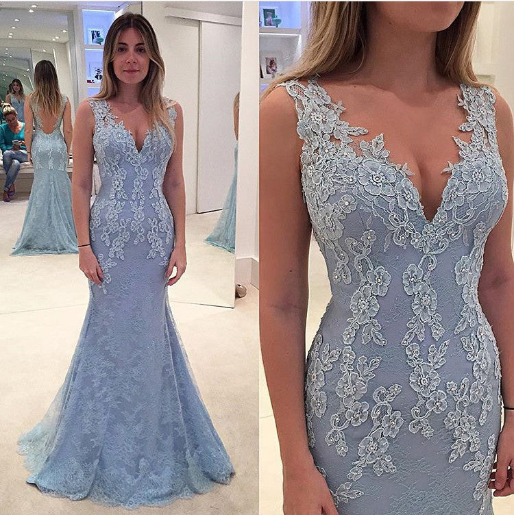 MACloth Mermaid Straps V Neck Lace Maxi Prom Dress Sky Blue Formal Gown