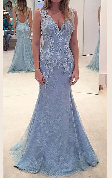 MACloth  Mermaid Straps V Neck Lace Maxi Prom Dress Sky Blue Formal Gown