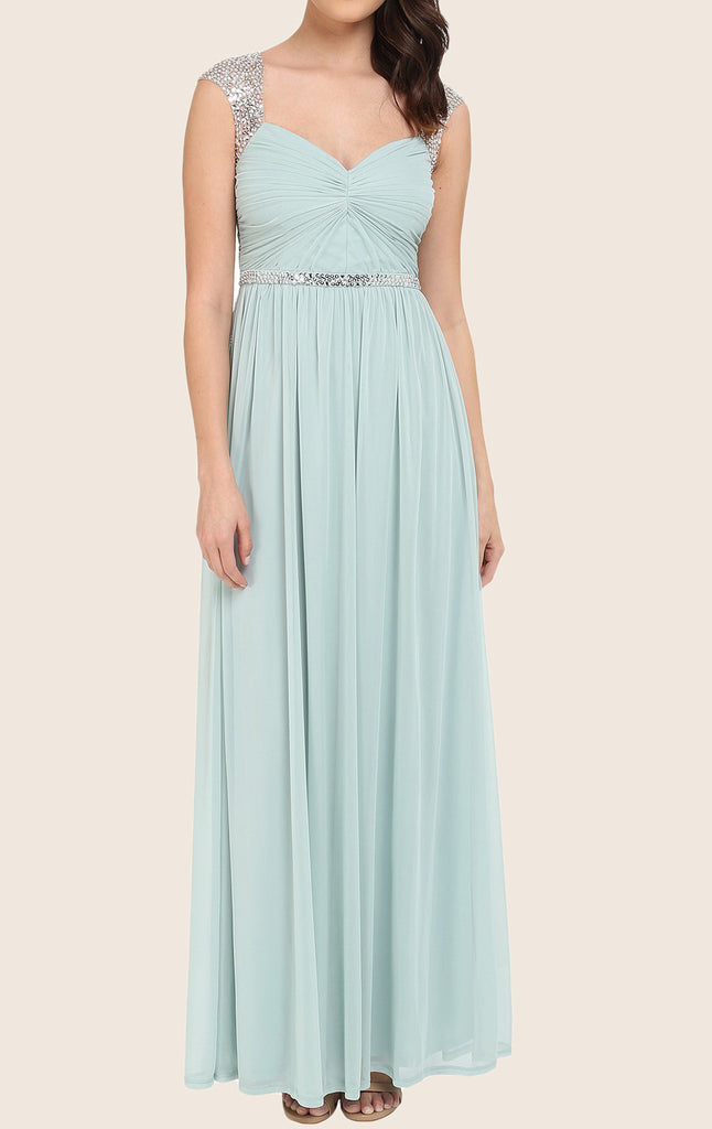 Langes Ballkleid mit herzförmigem Ausschnitt und Trägern in Aquamarin