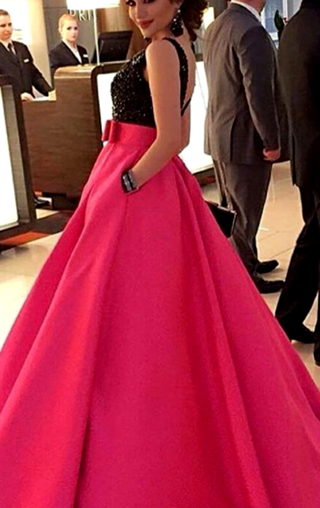 Vestido de fiesta largo de fiesta formal de noche con cuello redondo y lentejuelas fucsia de MACloth