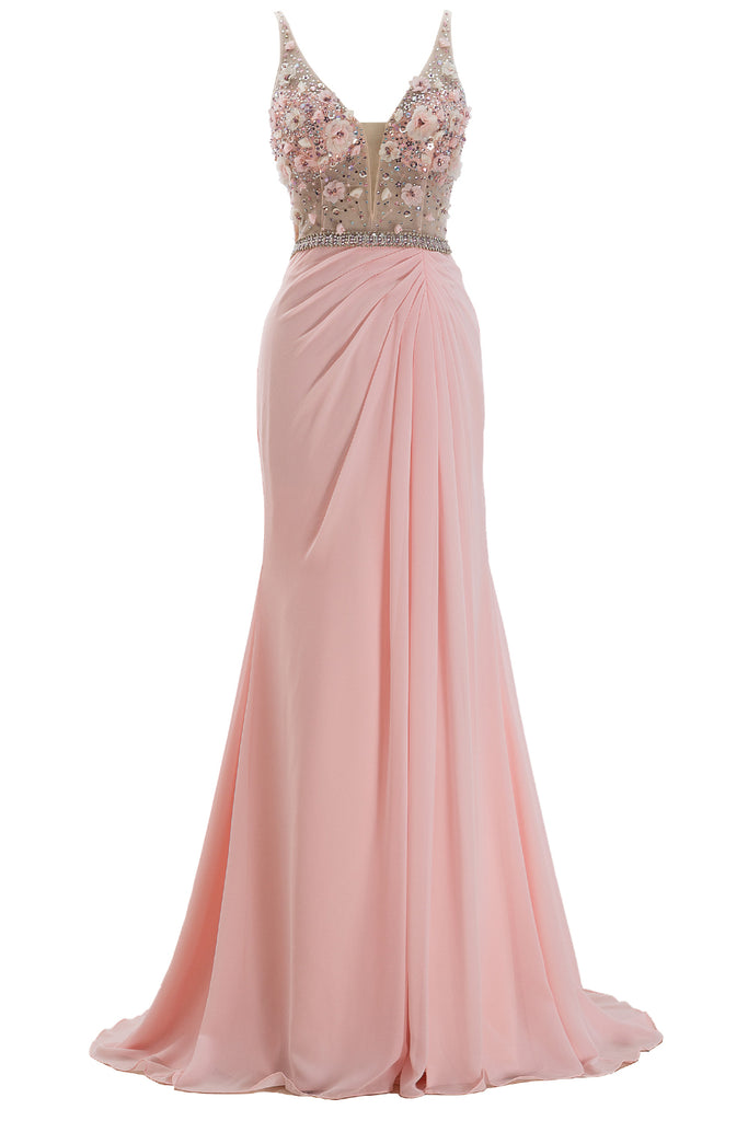 MACloth Straps V Neck Illusion Pink Long Prom Dress Formal Evening Gown