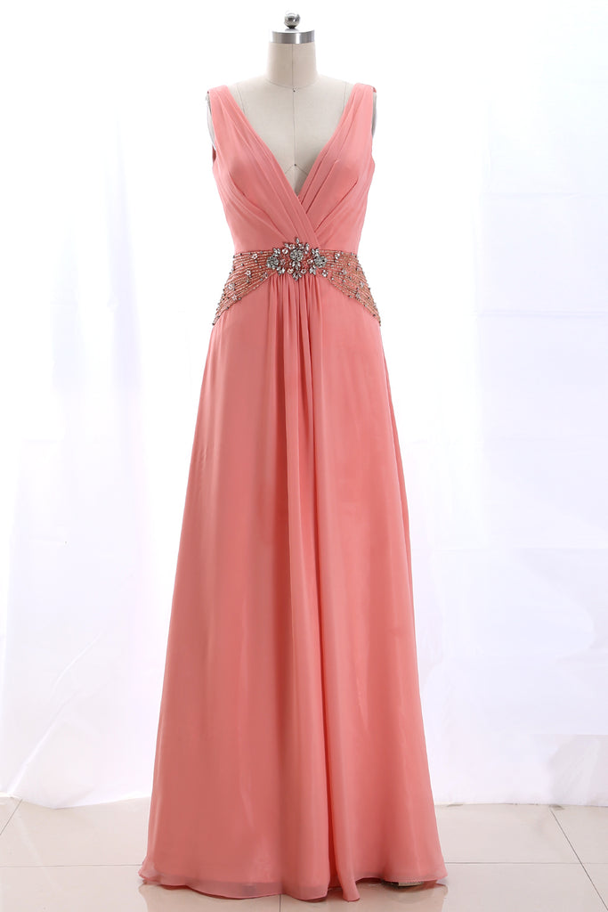 MACloth Straps V Neck Beaded Long Formal Evening Gown Peach Wedding Party Dress