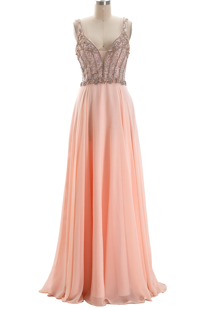 MACloth Straps V Neck Beaded Long Chiffon Prom Dress Peach Formal Evening Gown