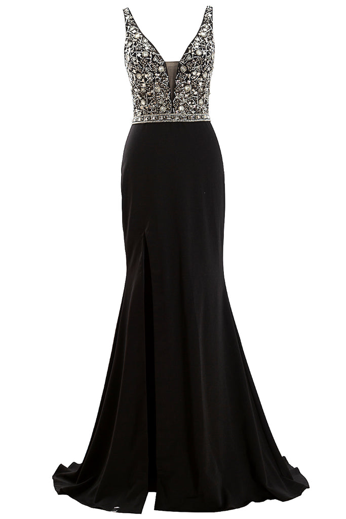 MACloth Deep V Neck Beaded Black Long Prom Dress Crepe Formal Evening Gown