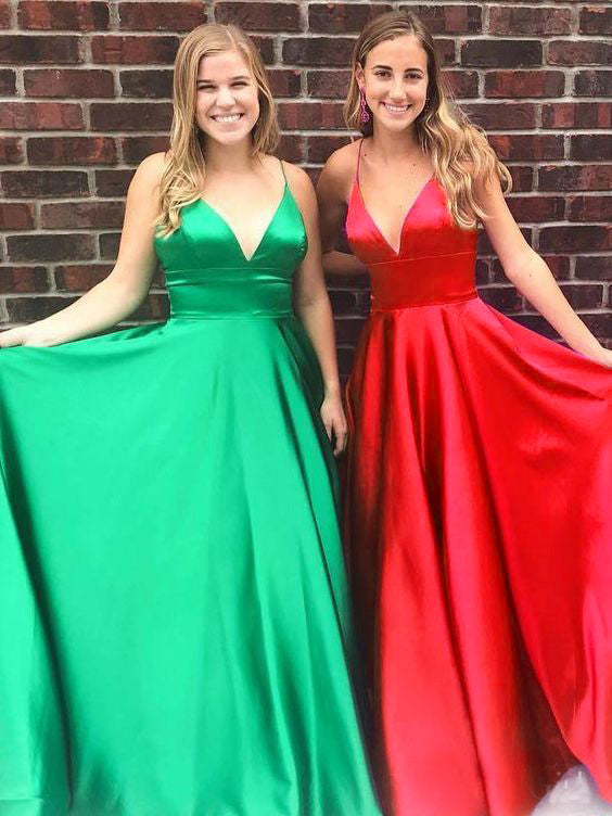 MACloth Straps V Neck Satin Long Prom Dress Burgundy Formal Evening Gown