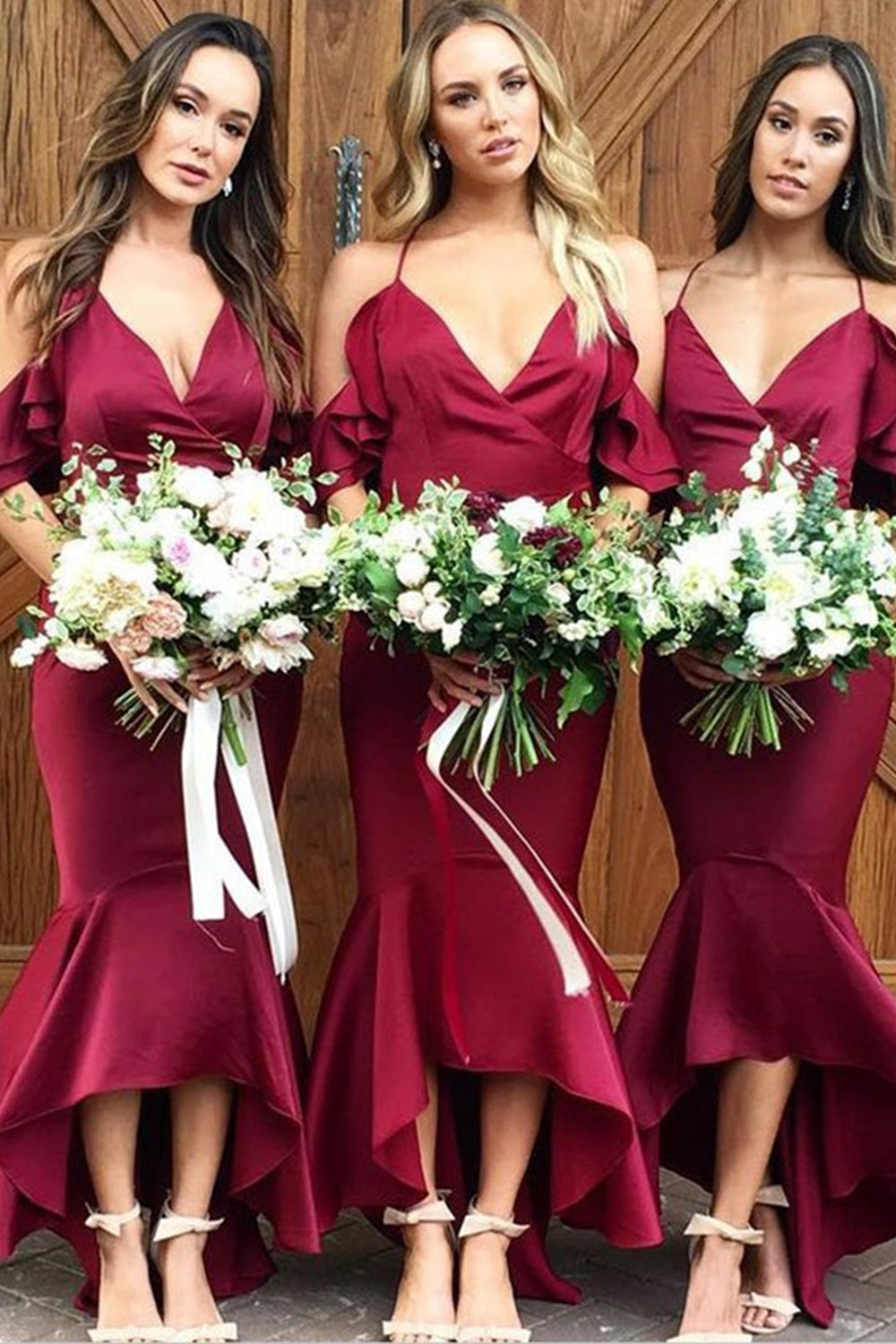 MACloth Spaghettiträger V-Ausschnitt High Low Burgunder Brautjungfernkleid Satin formelles Partykleid