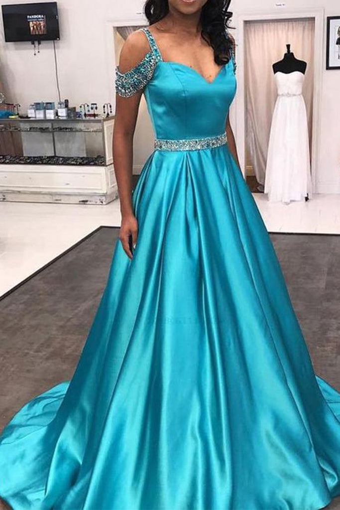 MACloth Straps V Neck Off the Shoulder with Beaded Long Prom Dress Blue Formal Evening Gown