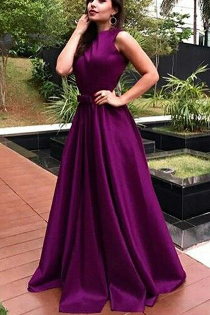 MACloth Träger A-Linie Satin Langes Ballkleid Aubergine Formelles Abendkleid mit offenem Rücken