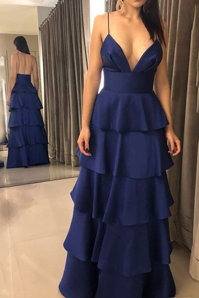 MACloth Spaghettiträger V-Ausschnitt Stufenkleid Langes Ballkleid Dunkelmarineblau Formales Abendkleid