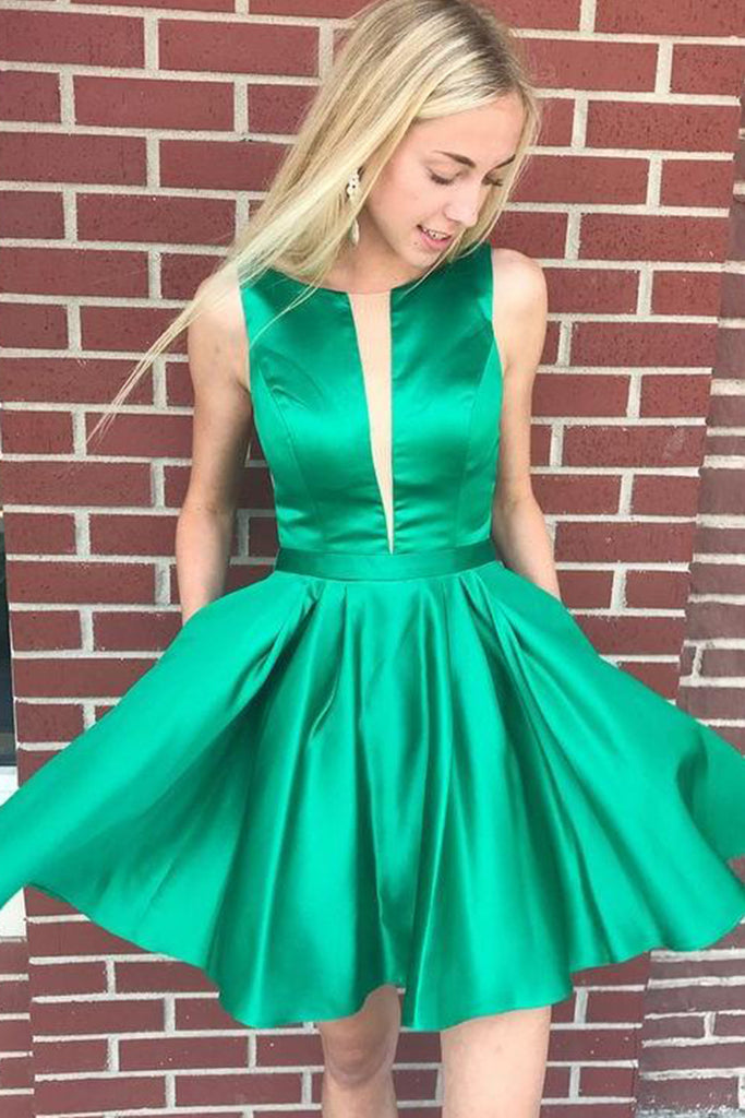 MACloth Straps Illusion V Neck Satin Mini Prom Homecoming Dress Green Cocktail Dress