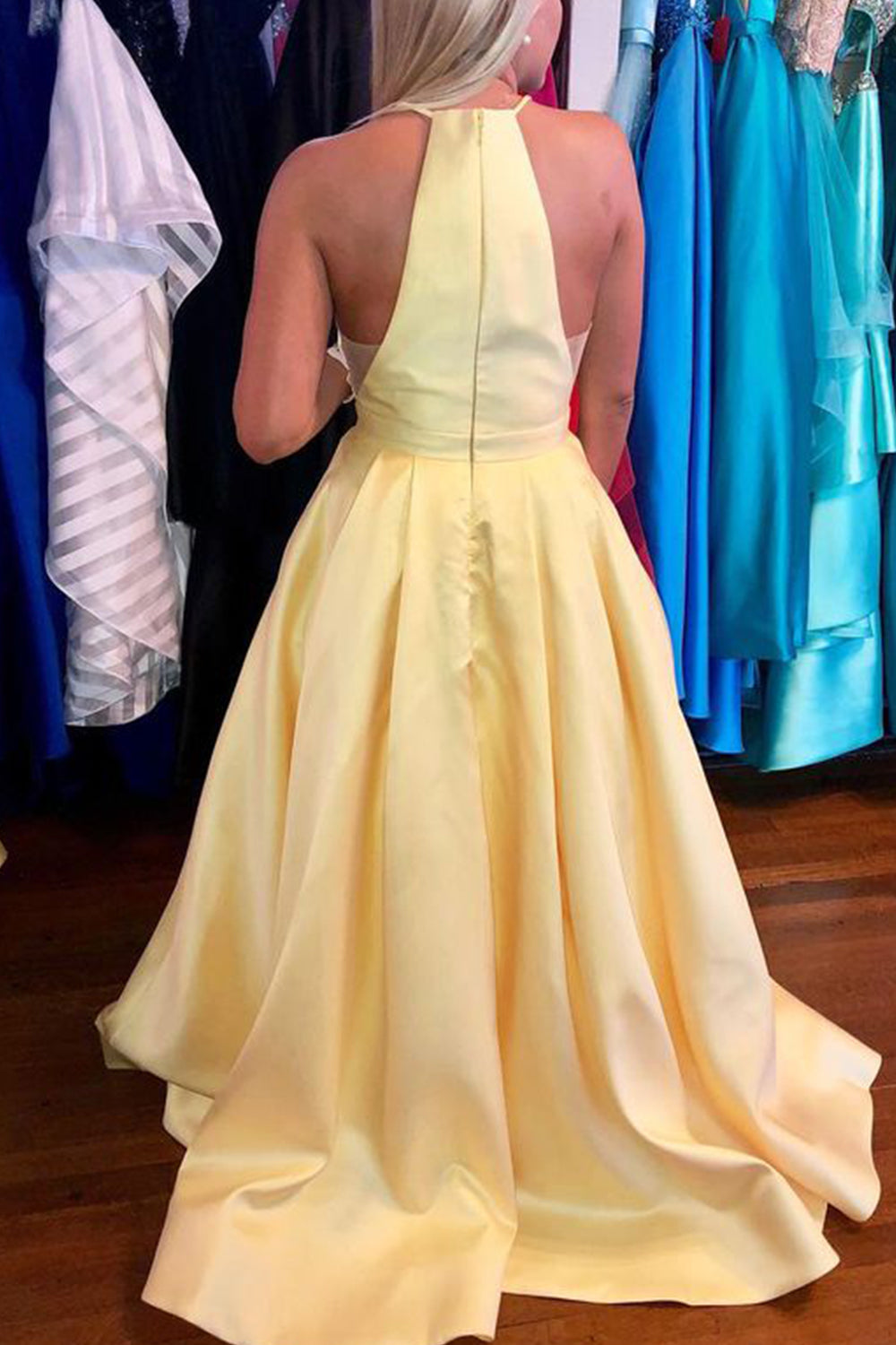MACloth Halter Illusion V Neck Long Prom Dress Yellow Formal Evening Gown