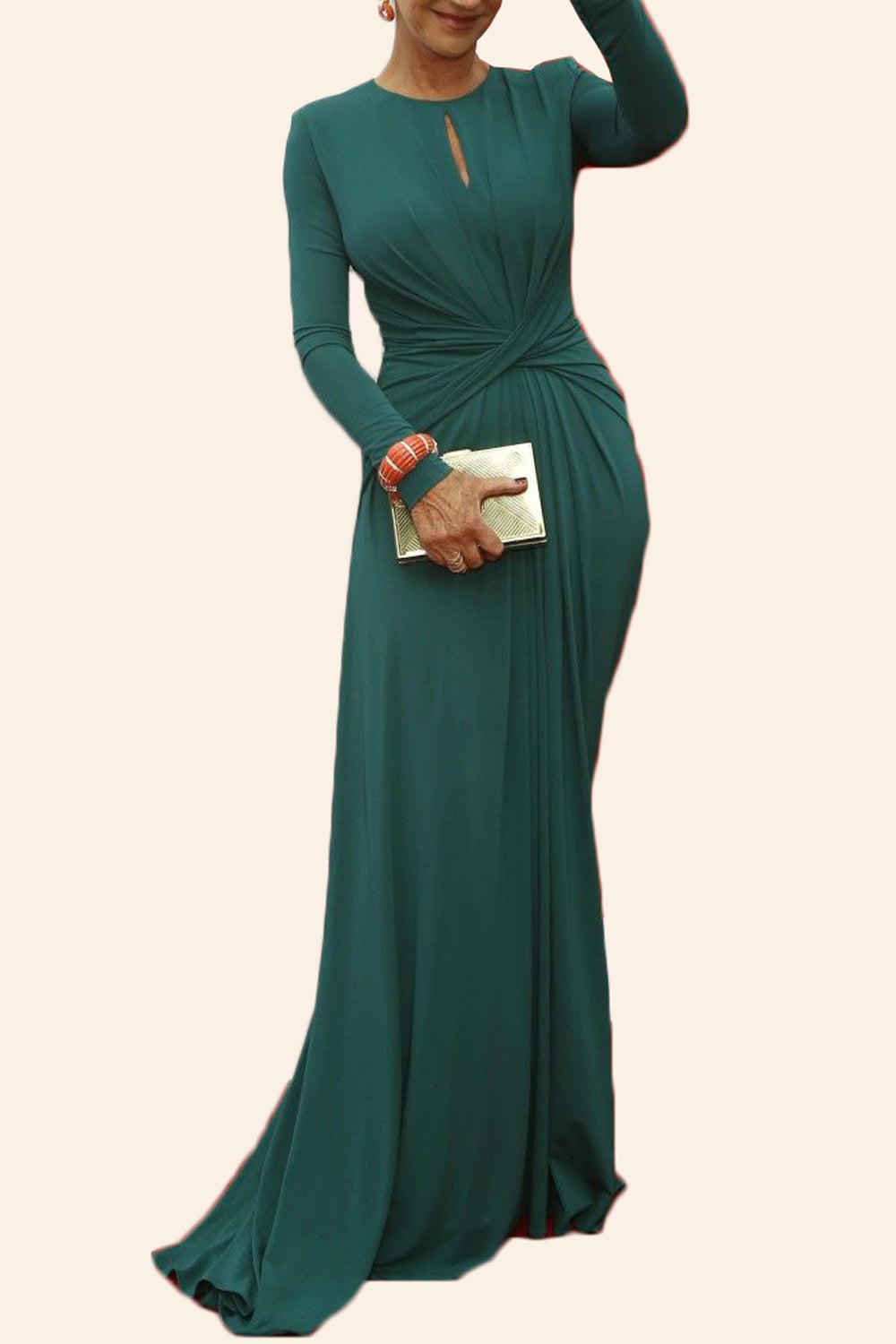 MACloth Long Sleeves O Neck Jersey Mother of the Brides Dress Teal Formal Evening Gown