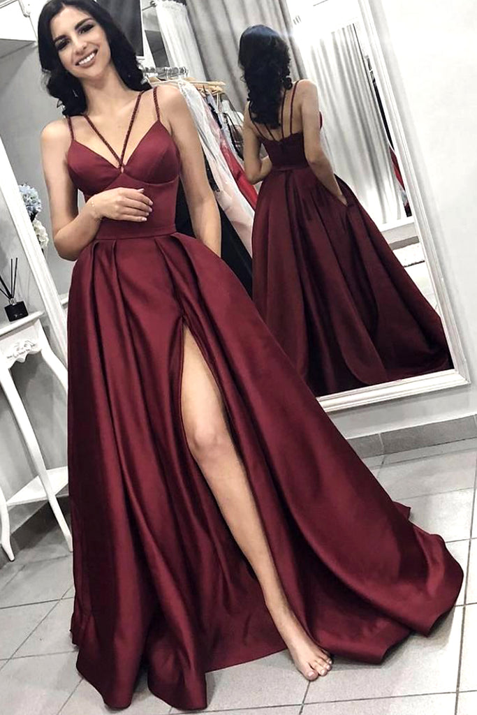 Vestido de fiesta largo de satén con escote en V y tirantes MACloth con abertura en color burdeos, vestido de noche formal