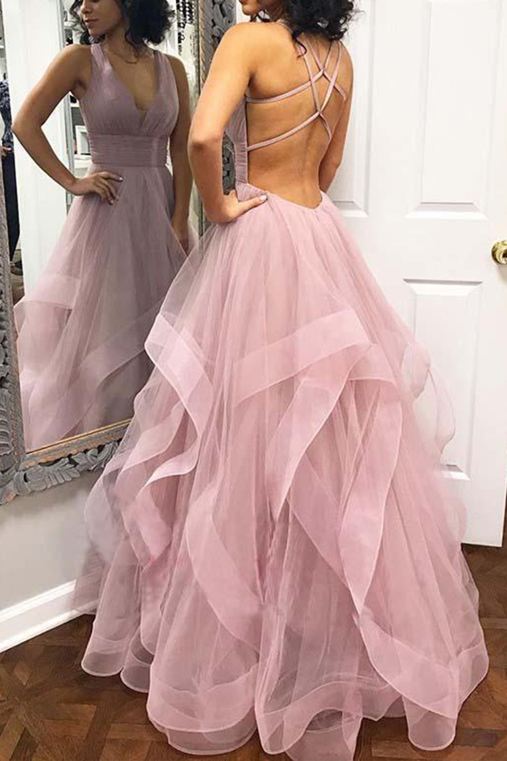 MACloth Straps V Neck Tulle Long Prom Dress Dusty Pink Formal Evening Gown Dusty Pink / Above Knee / Custom Size MACloth Straps V Neck Tulle Long Prom Dress Dusty Pink Formal Evening Gown Dusty Pink / Above Knee / Custom Size