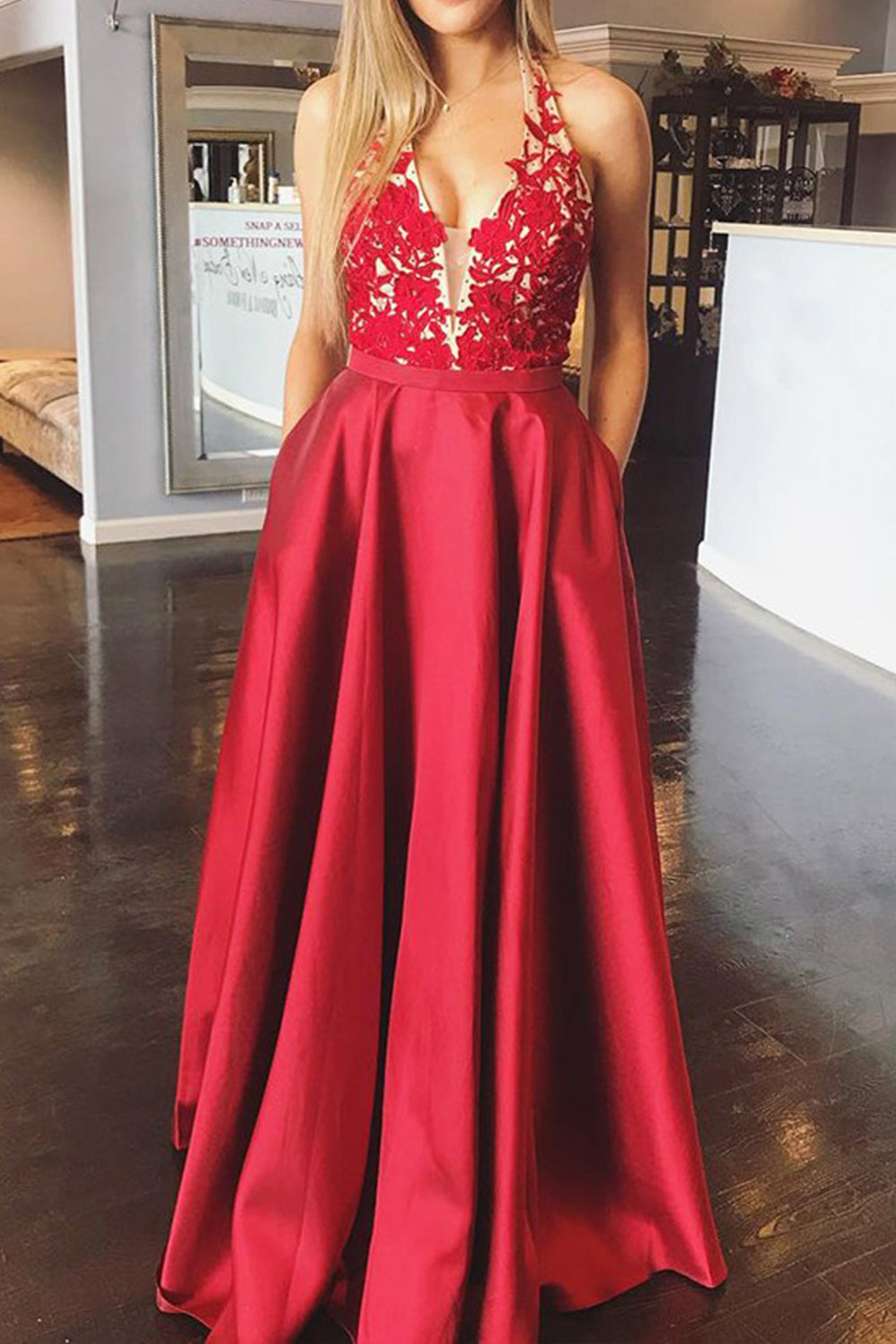 Macloth Halter V Neck Lace Satin Long Prom Dress Red Formal Evening Gown Custom Color / Above Knee / US12 Macloth Halter V Neck Lace Satin Long Prom Dress Red Formal Evening Gown Custom Color / Above Knee / US12