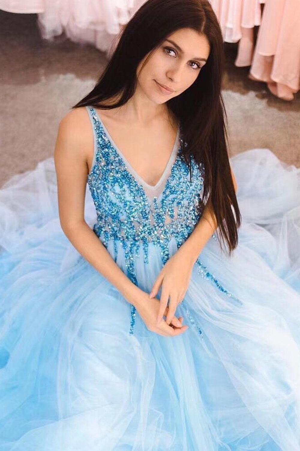 MACloth Straps V Neck with Beaded Long Prom Dress Dark Navy Formal Evening Gown