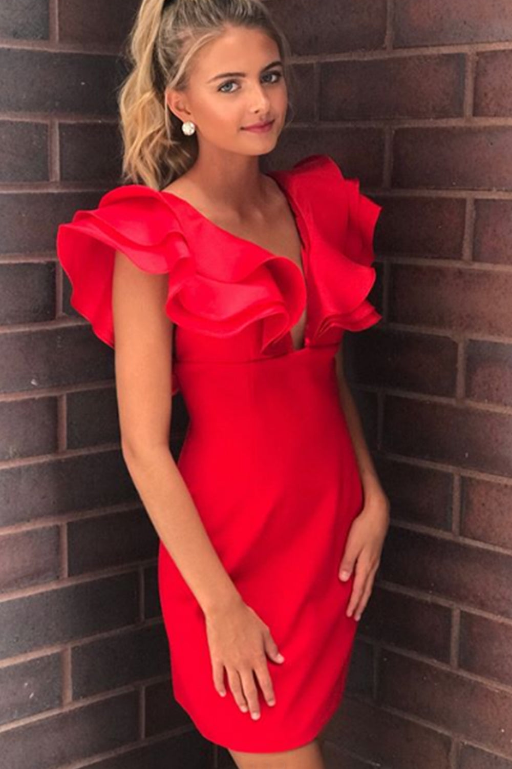 strapless open back dress Macloth Deep V Neck Mini Prom Homecoming Dress Red Cocktail Party Dress Custom Color / Above Knee / US8