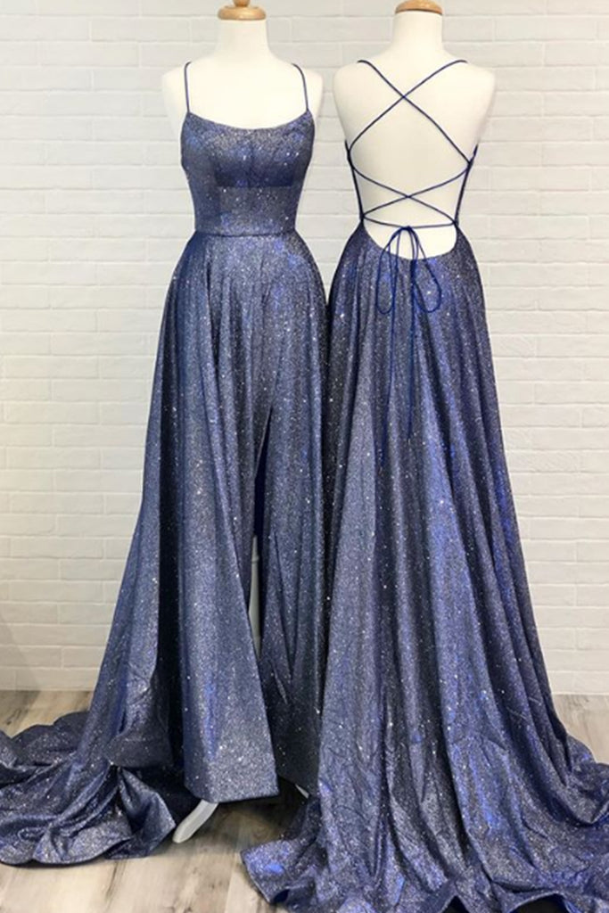 MACloth Spaghettiträger U-Ausschnitt Langes Ballkleid Marineblau Formales Abendkleid