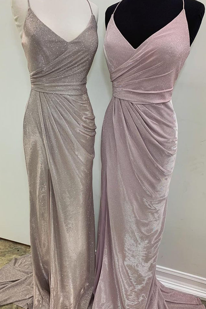 MACloth Straps V Neck Mermaid Long Prom Dress Pink Silver Formal Evening Gown