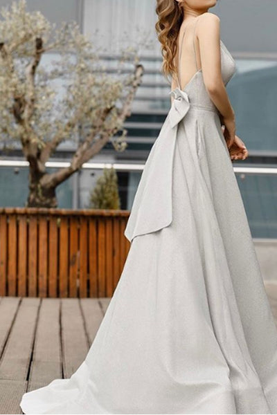 MACloth Straps V Neck Silver Long Prom Dress Formal Evening Gown with Bow