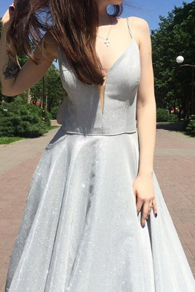 MACloth Straps V Neck Silver Long Prom Dress Formal Evening Gown with Bow