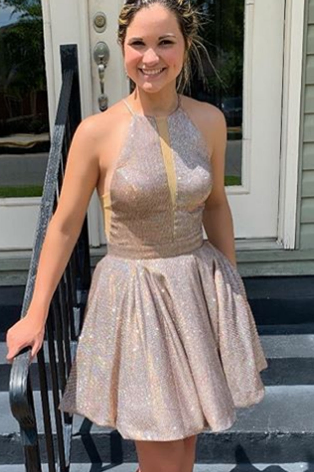 MACloth Halter O Neck Satin Mini Prom Homecoming Dress Mocha Silver Cocktail Dress Nude Silver / Above Knee / US16