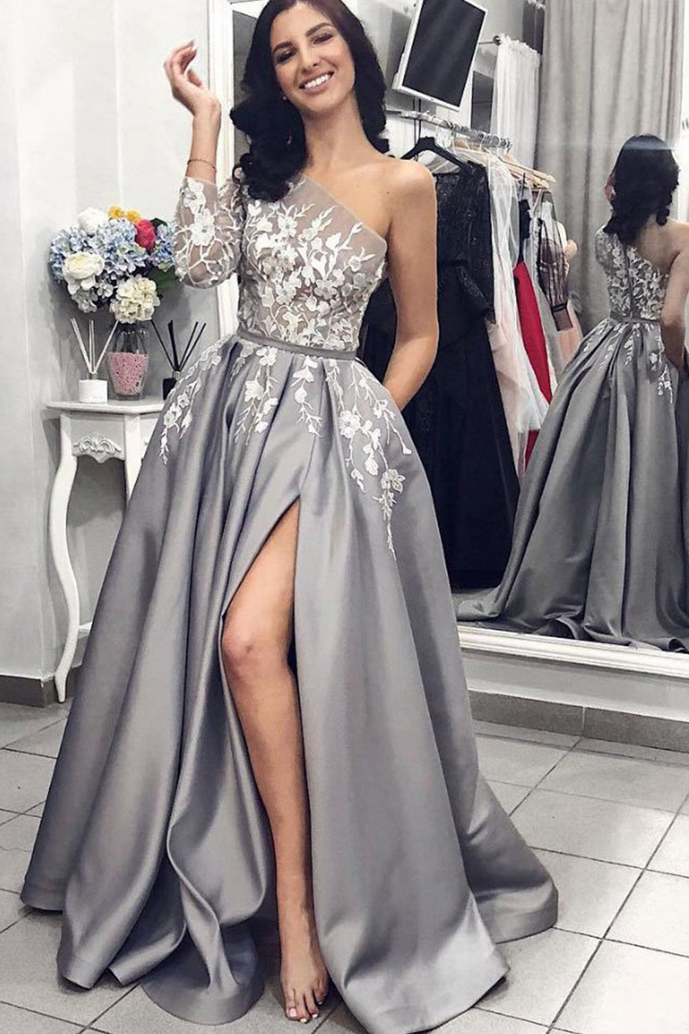 strapless open back dress MACloth One Shoulder Long Sleeves Gray Prom Dress Elegant Formal Eveni