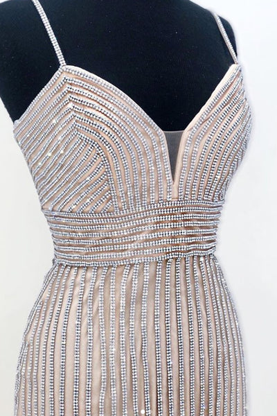 MACloth Straps V neck Crystals Long Prom Dress Silver Formal Evening Gown