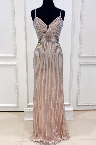 MACloth Straps V neck Crystals Long Prom Dress Silver Formal Evening Gown