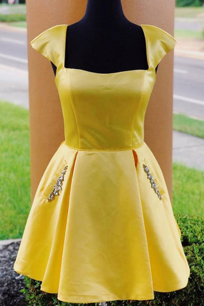 MACloth Cap Sleeves Satin Mini Prom Homecoming Dress Yellow Cocktail Party Dress