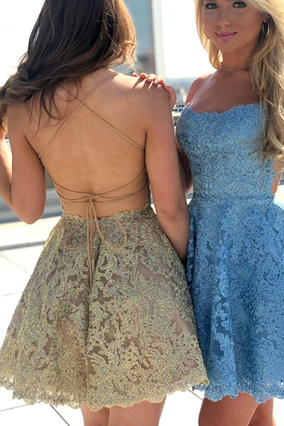 MACloth Spaghetti Straps Lace Mini Prom Homecoming Dress Gold / Blue Cocktail Party Dress
