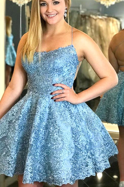 MACloth Spaghetti Straps Lace Mini Prom Homecoming Dress Gold / Blue Cocktail Party Dress