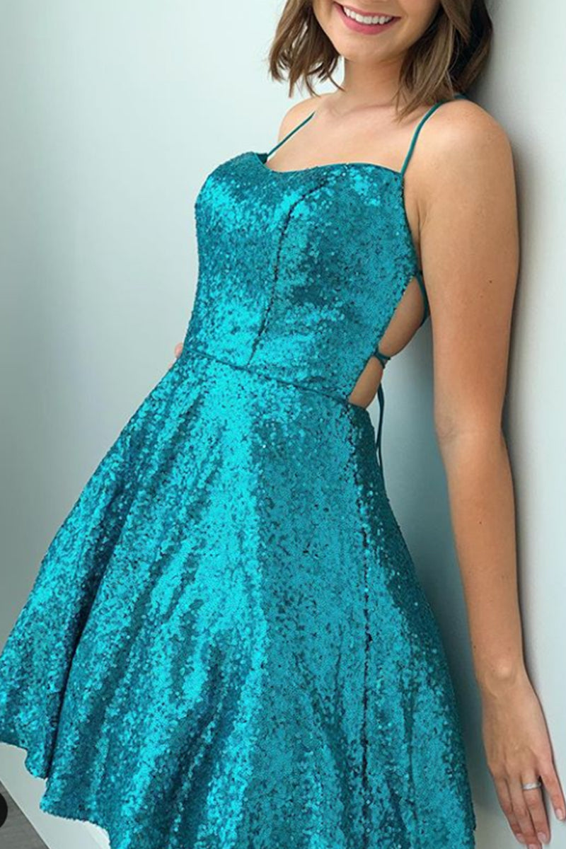 MACloth Spaghetti Straps Sequin Mini Prom Homecoming Dress Turquoise C MACloth Spaghetti Straps Sequin Mini Prom Homecoming Dress Turquoise C