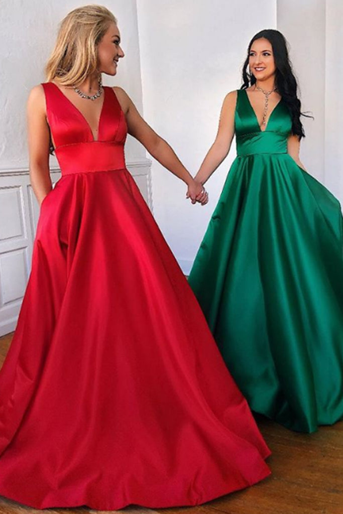 Vestido de fiesta largo de satén con escote en V y tirantes MACloth, vestido de noche formal rojo