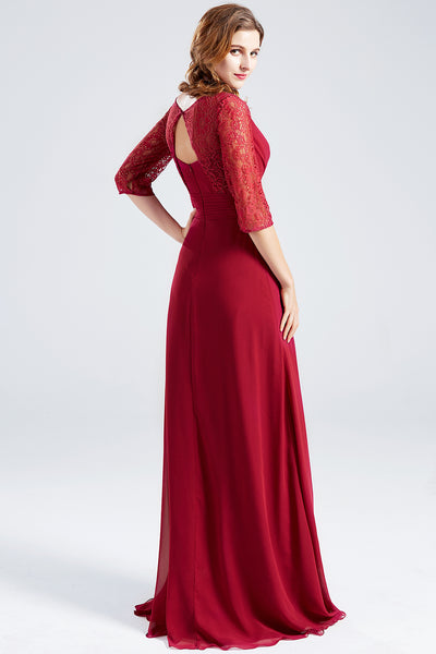MACloth 3/4 Sleeves Lace Chiffon Long Mother of the Brides Dress Burgundy Formal Evening Gown