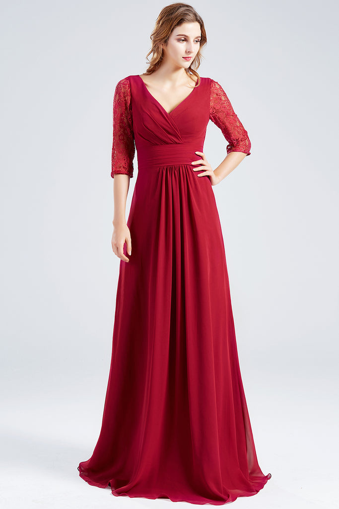 Vestido largo de gasa con encaje y mangas 3/4 de MACloth para madre de la novia, vestido de noche formal color burdeos