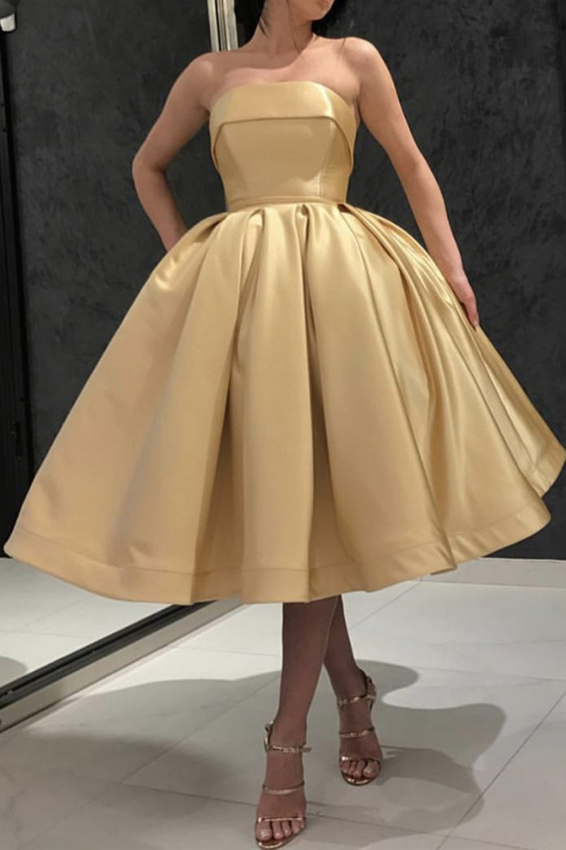 Macloth Strapless Midi Prom Homecoming Dress Gold Cocktail Party Dress US26W / Custom Color Macloth Strapless Midi Prom Homecoming Dress Gold Cocktail Party Dress US26W / Custom Color