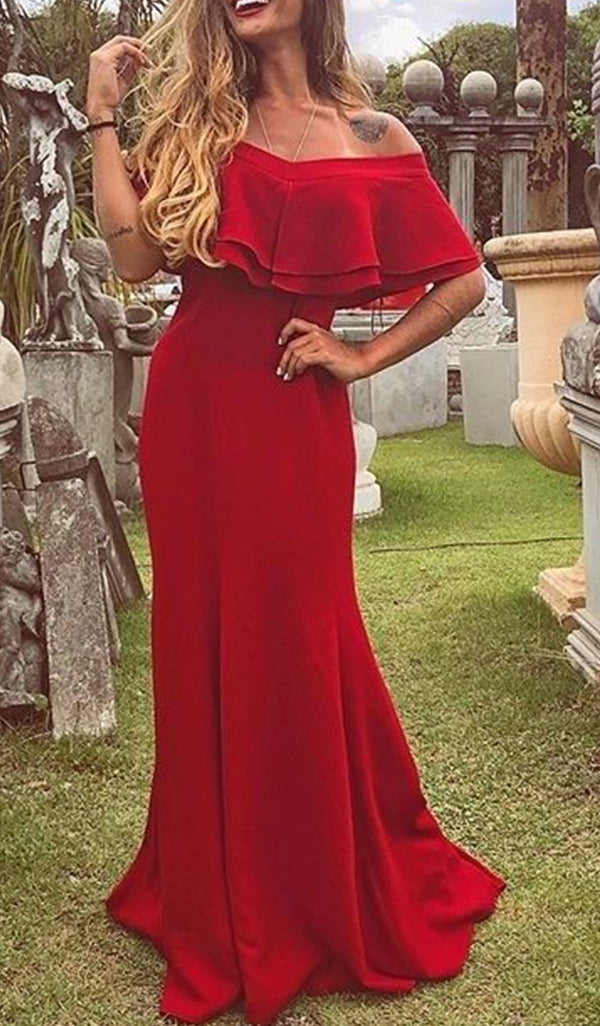 MACloth Off the Shoulder Ruffled Mermaid Prom Dress Red Formal Evening