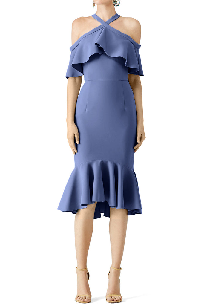 MACloth Steel Blue Cold Shoulder Ruffle Cocktail Dress Midi Wedding Party Dress