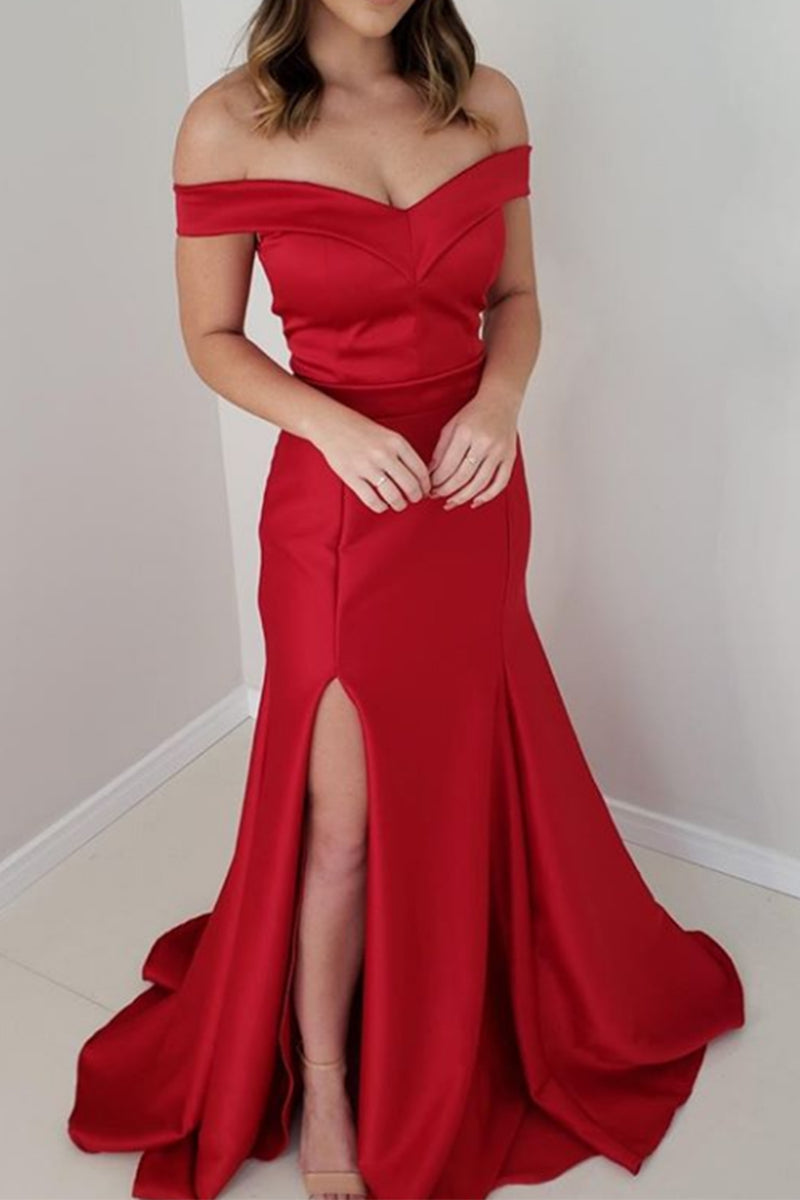 green emerald velvet dress Macloth Mermaid Off The Shoulder Satin Prom Dress Red Formal Evening Gown Custom Size / Red