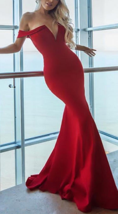 MACloth Mermaid Off the Shoulder Red Prom Pageant Gown Formal Evening Dress
