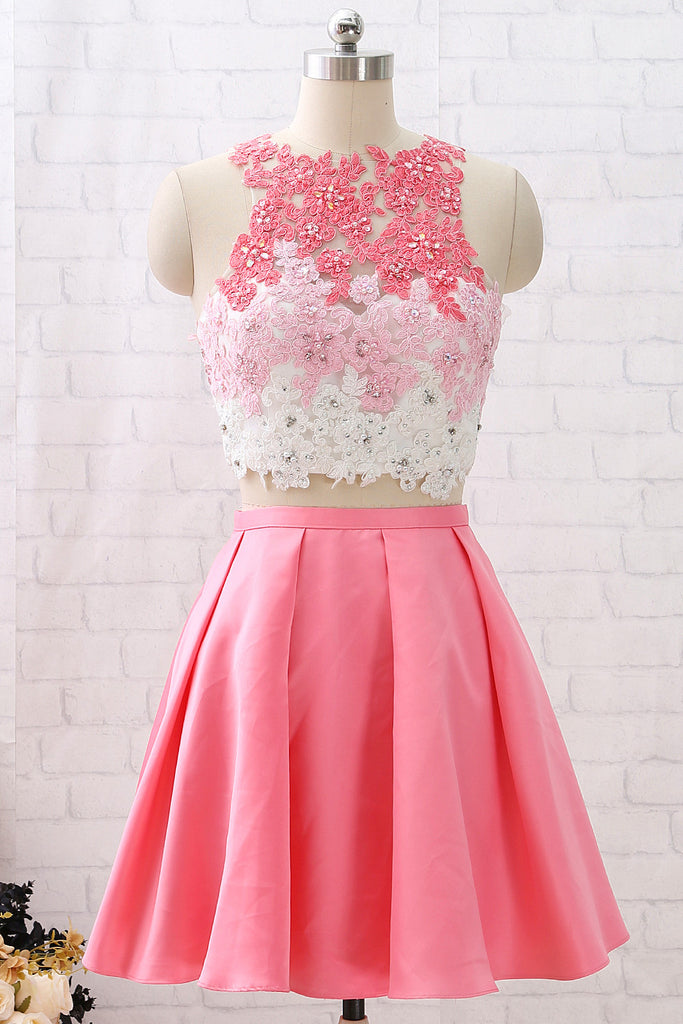 MACloth Two Piece Lace Satin Mini Pink Prom Homecoming Dress