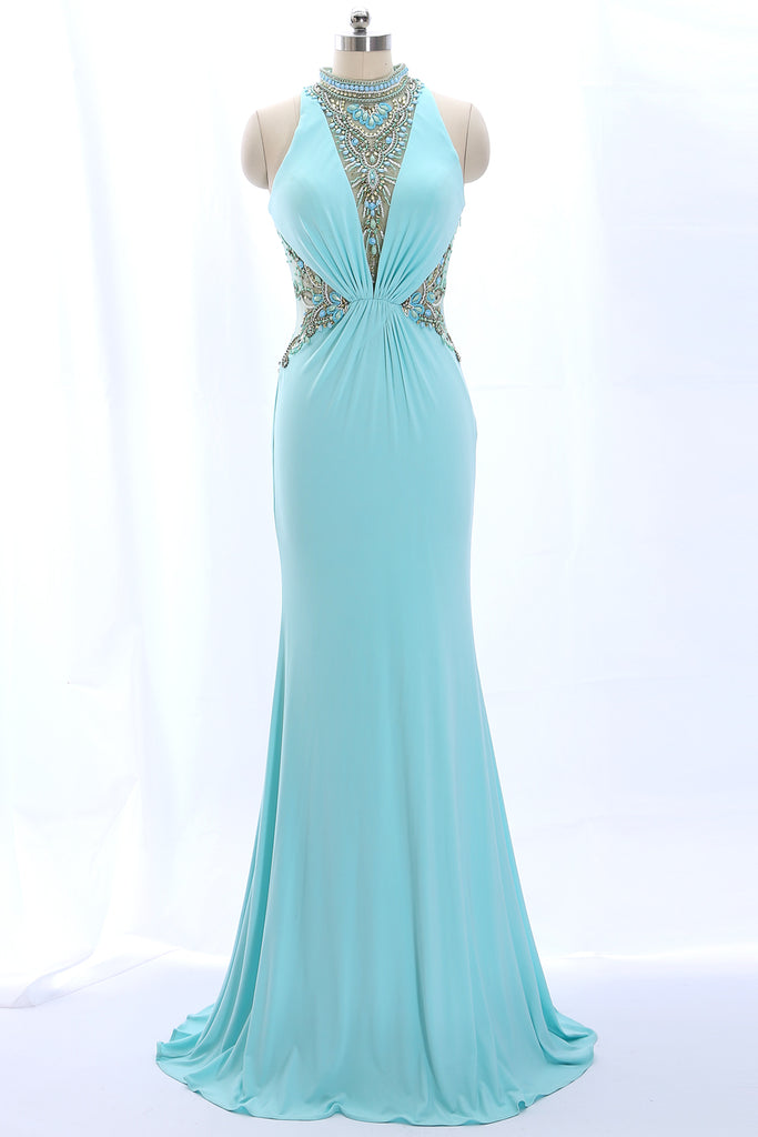 MACloth Sheath High neck Beaded Long Aqua Prom Dress Jersey Formal Gown