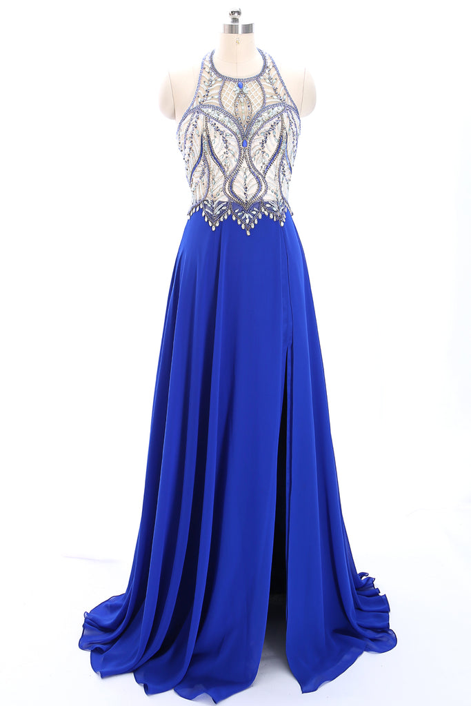 MACloth Halter Beaded Long Chiffon Prom Dress Royal Blue Formal Gown