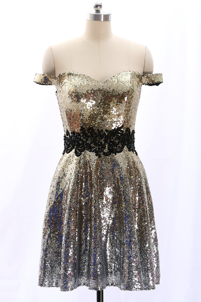 MACloth Off the Shoulder Sequin Mini Prom Homecoming Dress Gold Party Dress